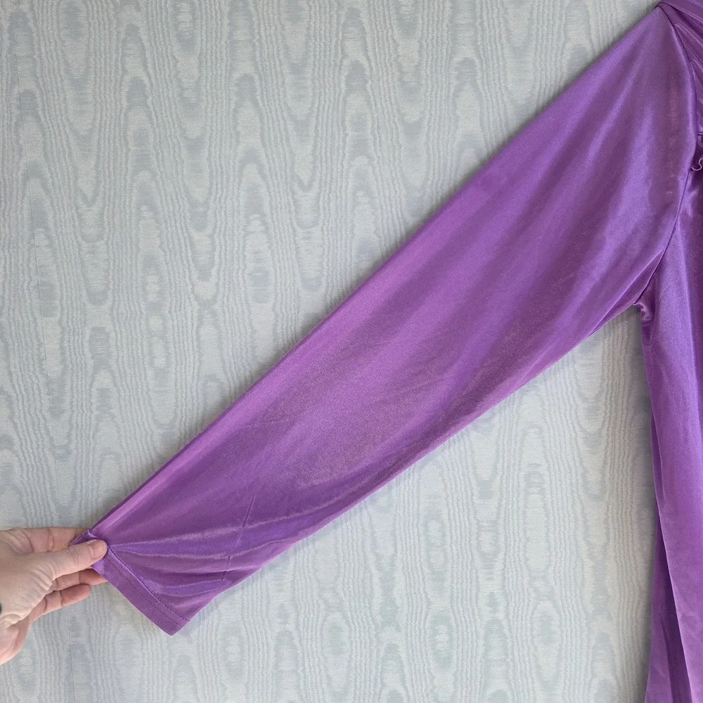 Vtg 80s Womens XL Sleep Shirt Nylon Long Sleeve Lace Front Purple‎ Retro